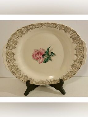 American Limoges Le Fleur Rouge Oval Serving Bowl 22K Gold Pink Rose VTG